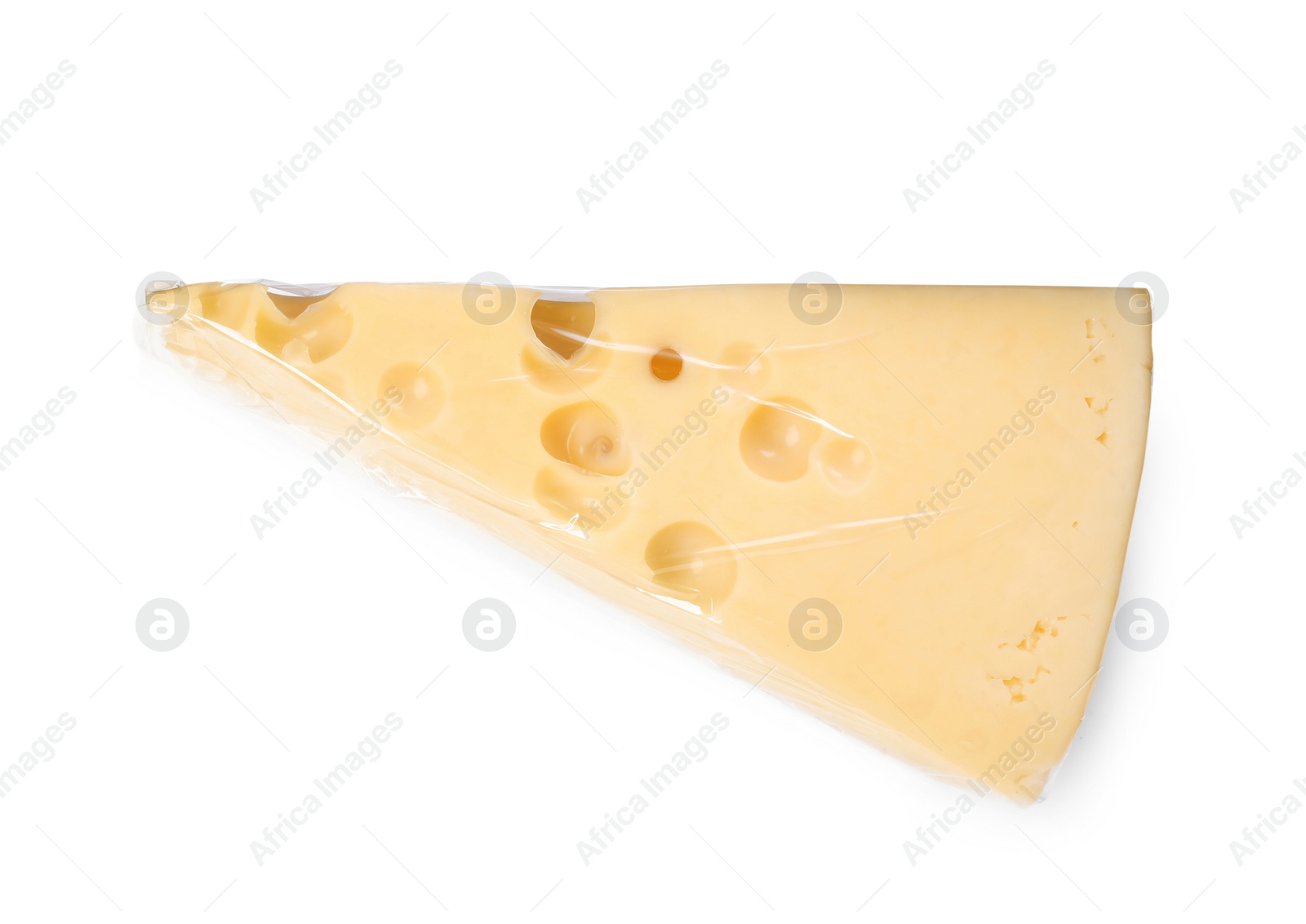 Photo of Cheese wrapped with transparent plastic stretch film isolated on white