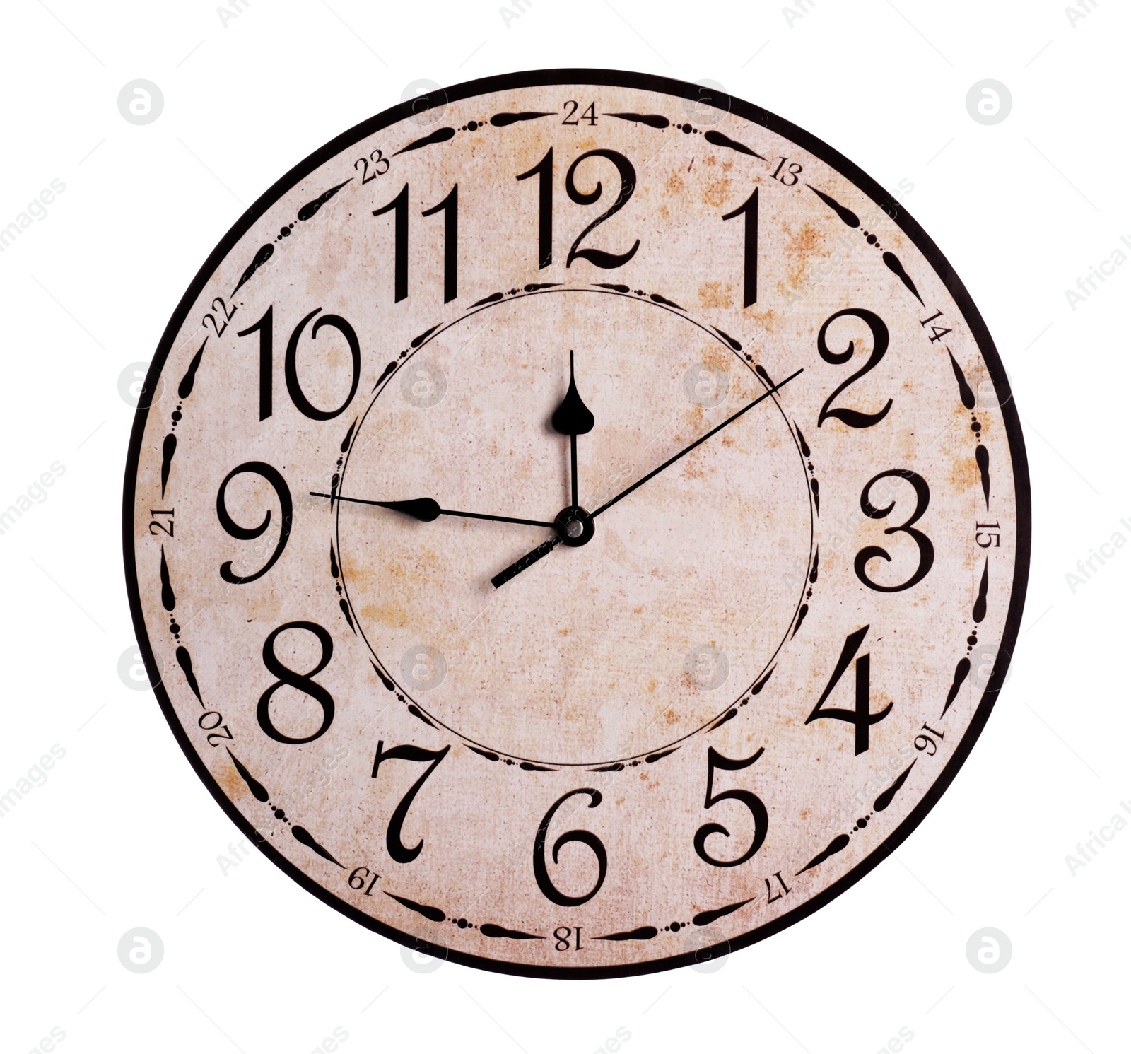 Photo of Stylish round clock isolated on white. Interior element