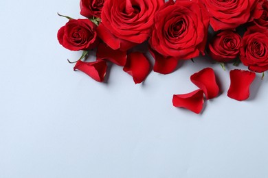 Photo of Beautiful red roses and petals on grey background, flat lay. Space for text