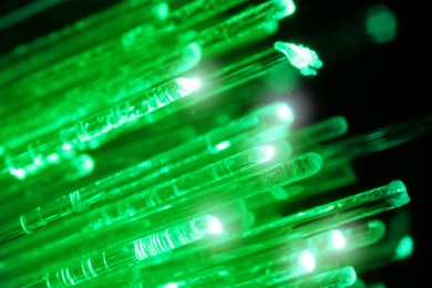 Image of Optical fiber strands transmitting green light on black background, macro view