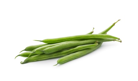 Delicious fresh green beans on white background