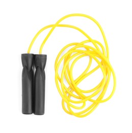 Photo of Yellow skipping rope isolated on white, top view. Sports equipment