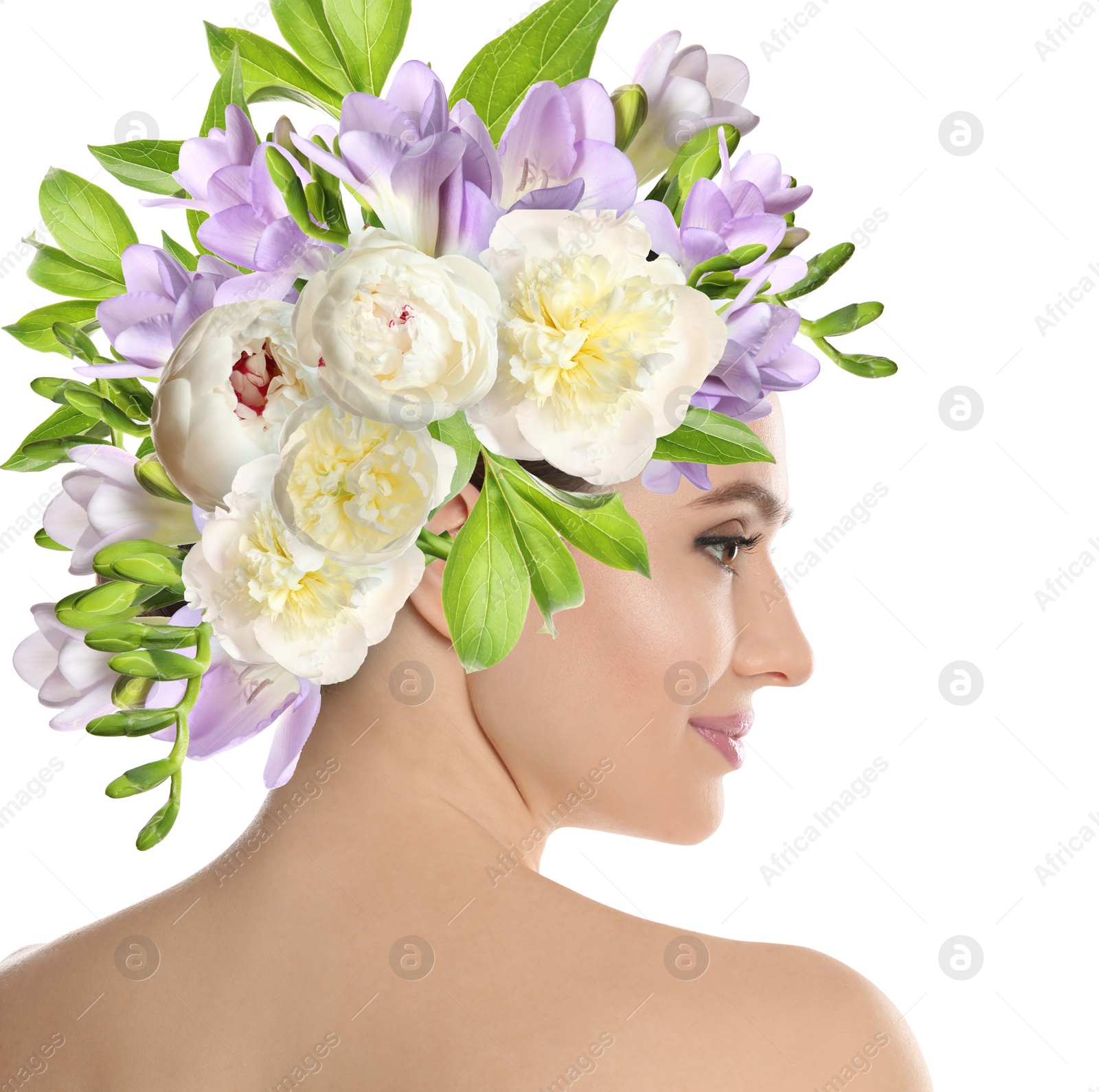 Image of Young woman with beautiful makeup wearing flower wreath on white background