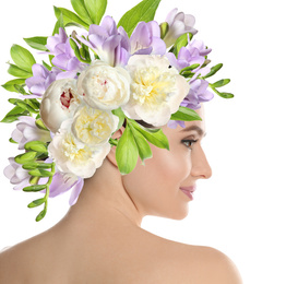 Image of Young woman with beautiful makeup wearing flower wreath on white background
