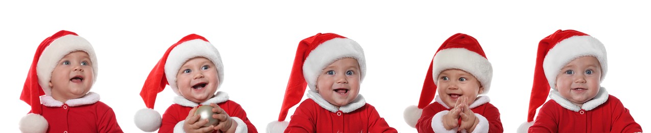 Collage with photos of cute baby on white background, banner design. First Christmas 