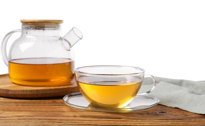 Photo of Refreshing green tea in cup and teapot on wooden table against white background