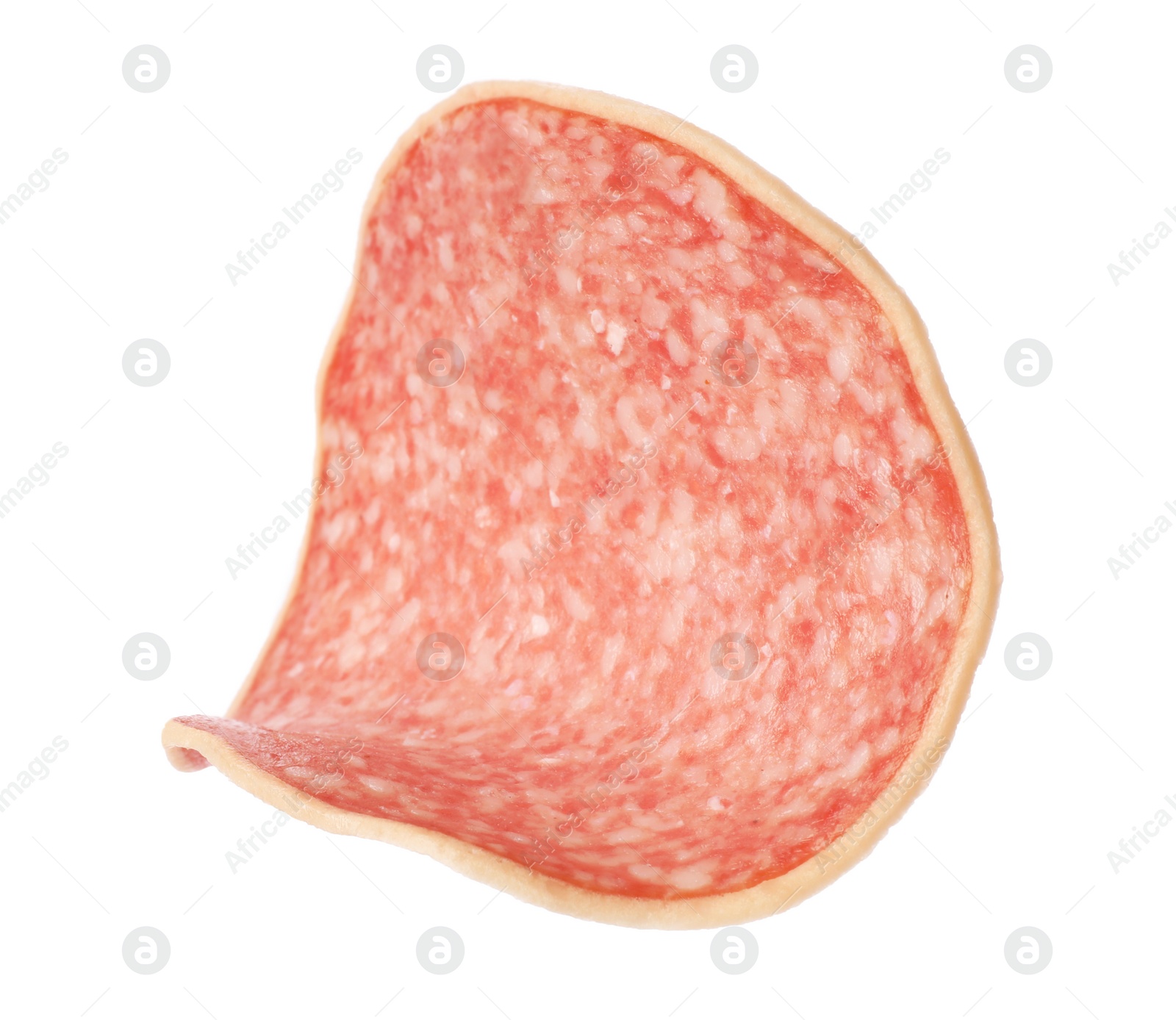 Photo of Piece of salami smoked sausage isolated on white