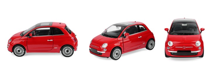 Image of Red car isolated on white, different angles. Collage design with children's toy