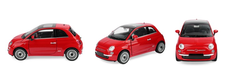 Red car isolated on white, different angles. Collage design with children's toy