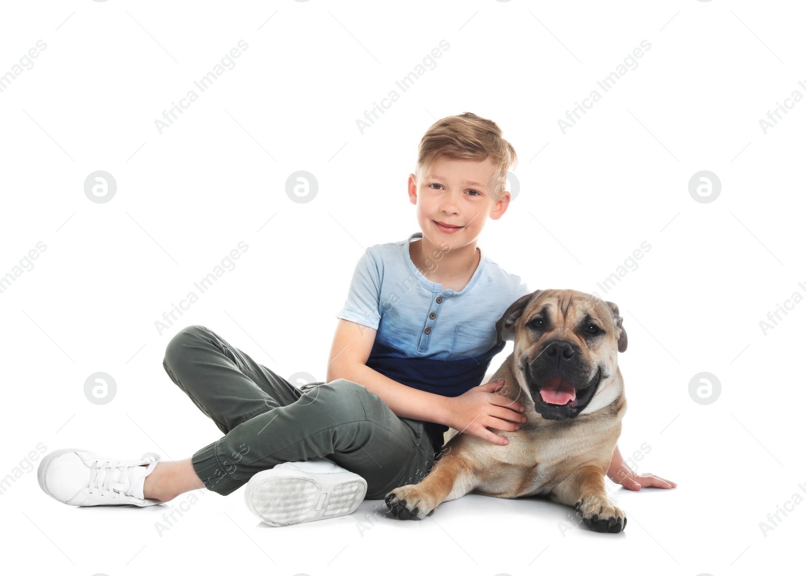 Photo of Cute little child with his dog on white background