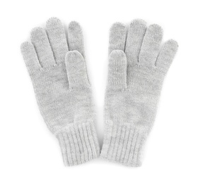 Photo of Pair of woolen gloves on white background, top view. Winter clothes