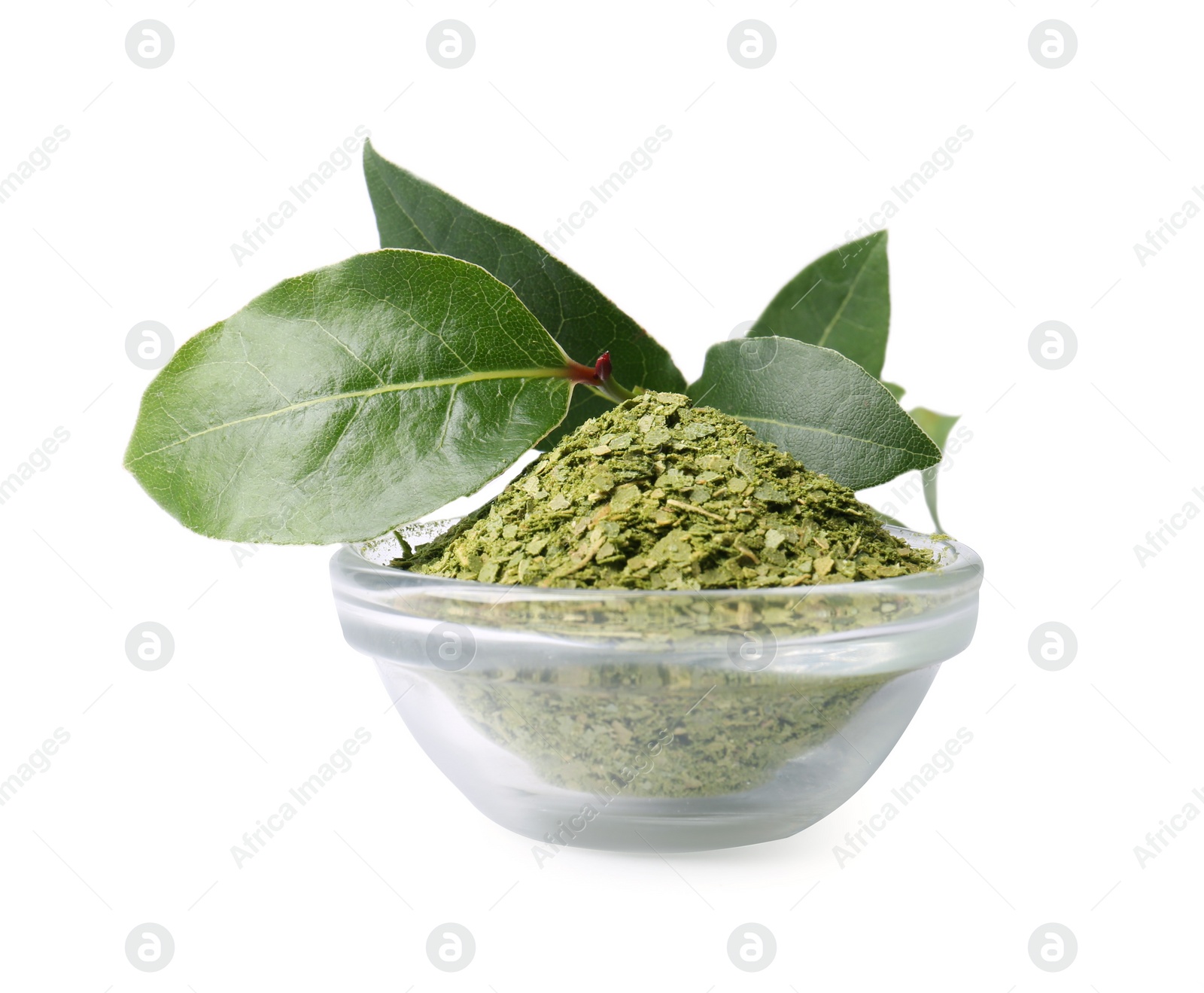 Photo of Bowl with ground bay leaves and fresh twig on white background