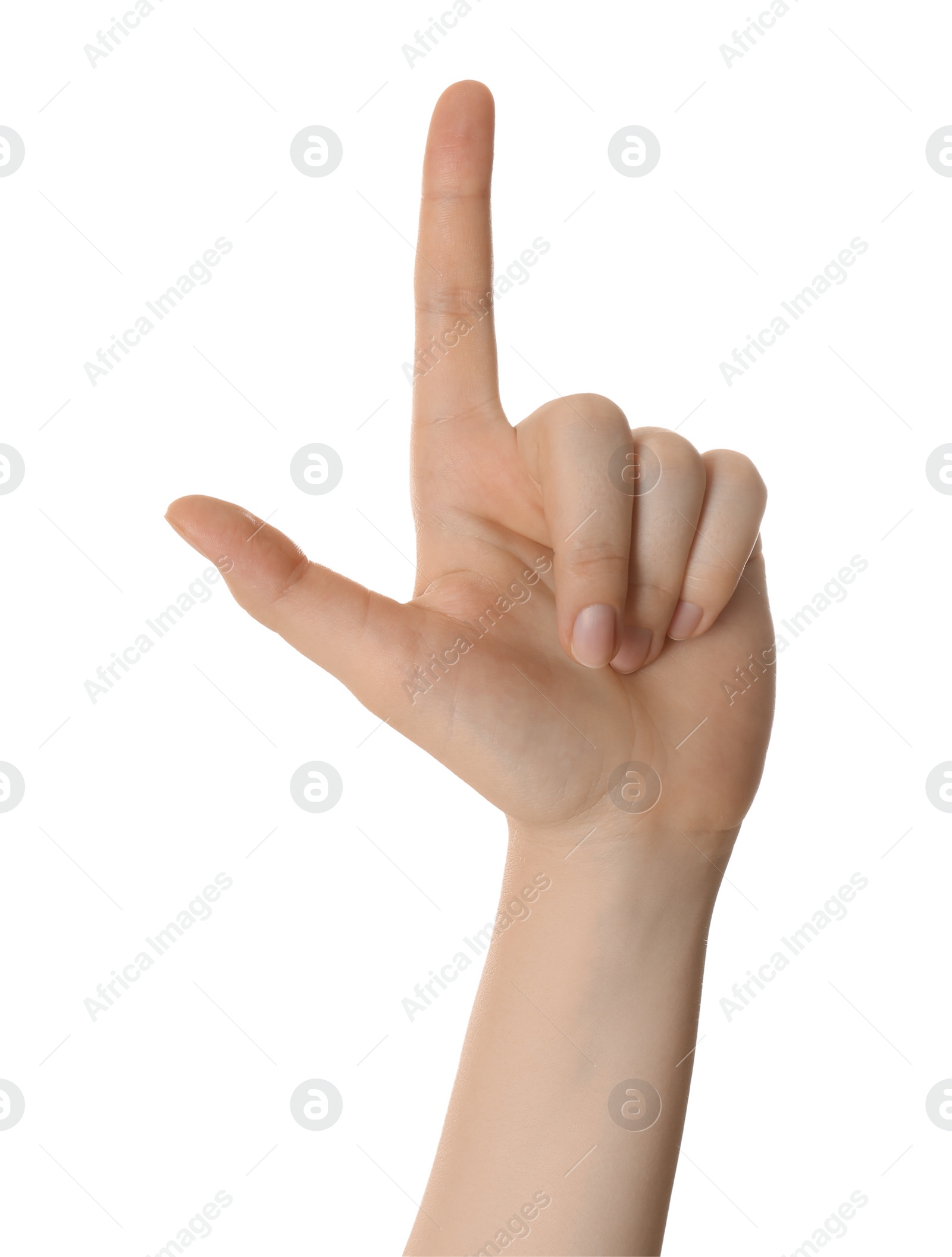 Photo of Woman showing index finger isolated on white, closeup