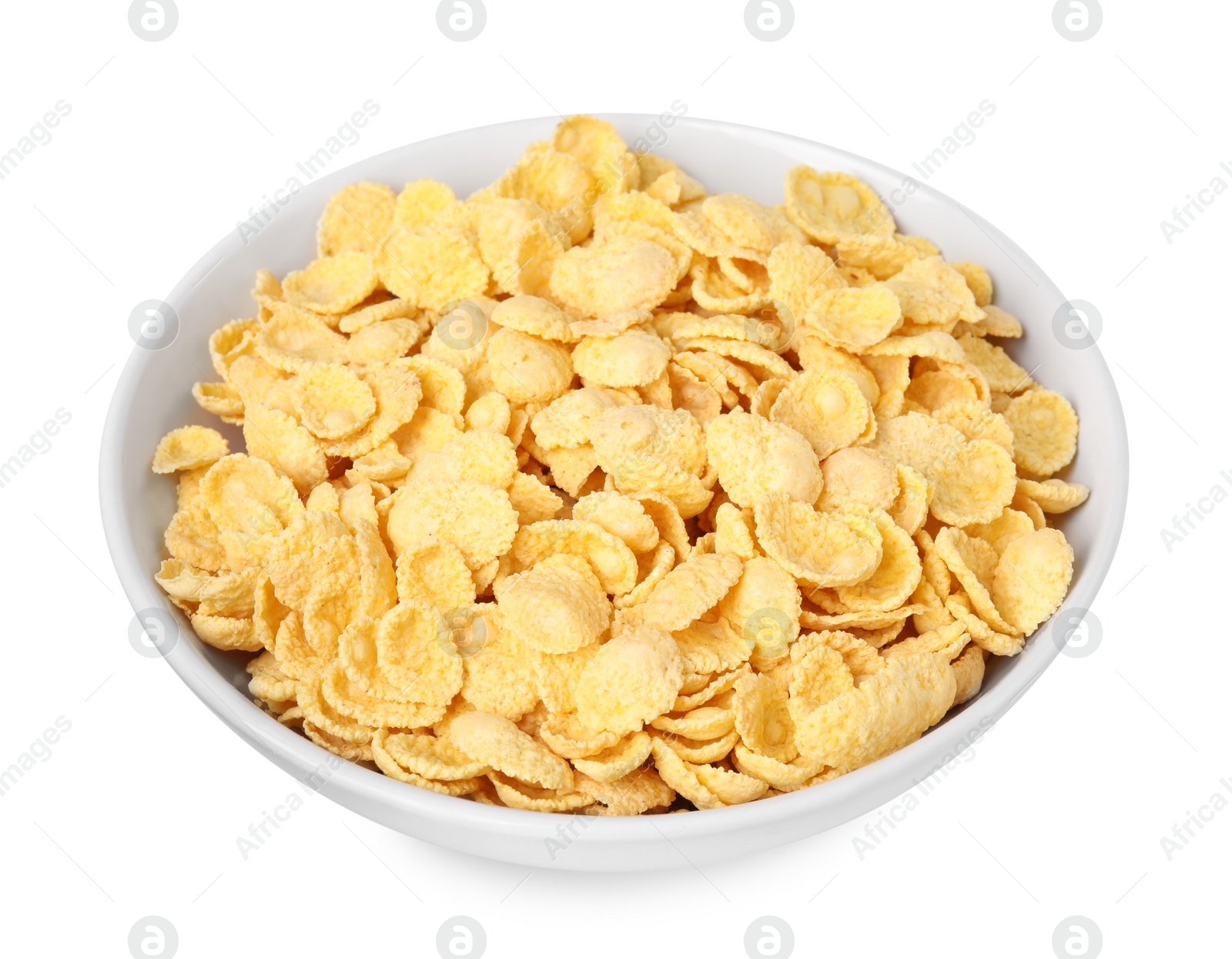 Photo of Breakfast cereal. Tasty corn flakes in bowl isolated on white