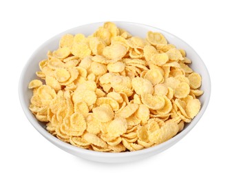 Photo of Breakfast cereal. Tasty corn flakes in bowl isolated on white