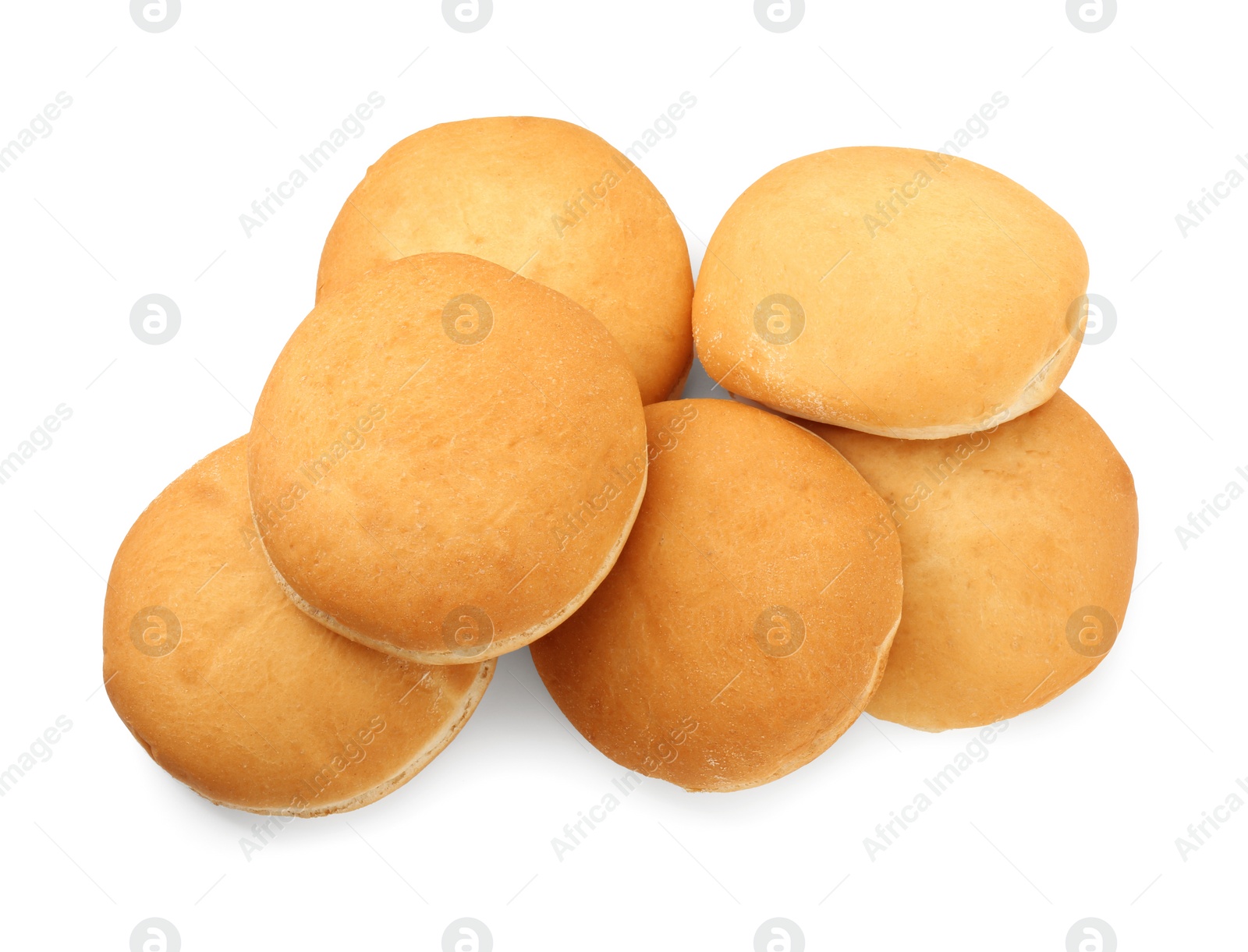 Photo of Fresh hamburger buns isolated on white, top view