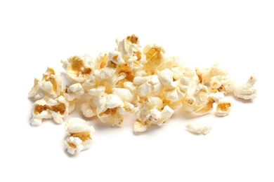 Pile of delicious fresh popcorn on white background