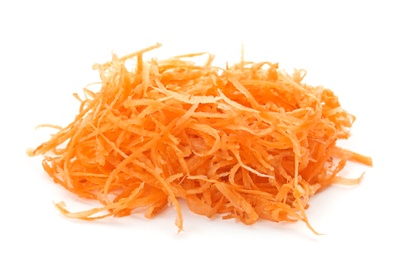 Grated ripe carrot on white background