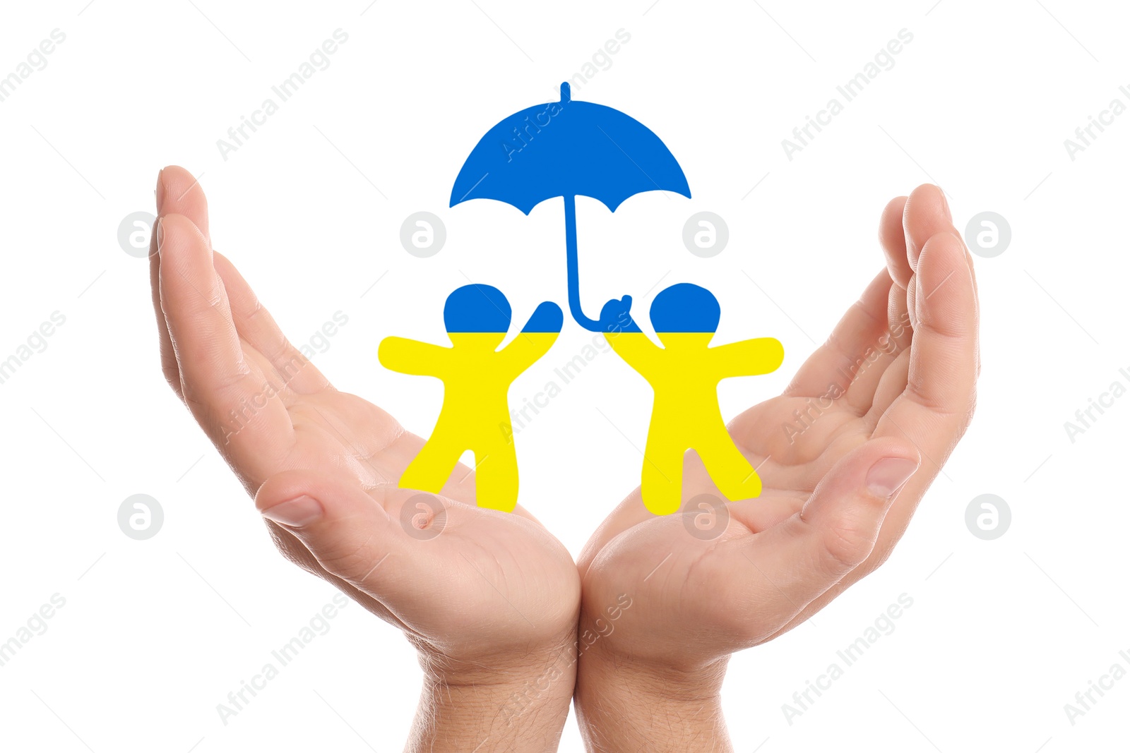 Image of Stop war in Ukraine. Man holding human shaped figures with colors of Ukrainian flag in hands on white background, closeup