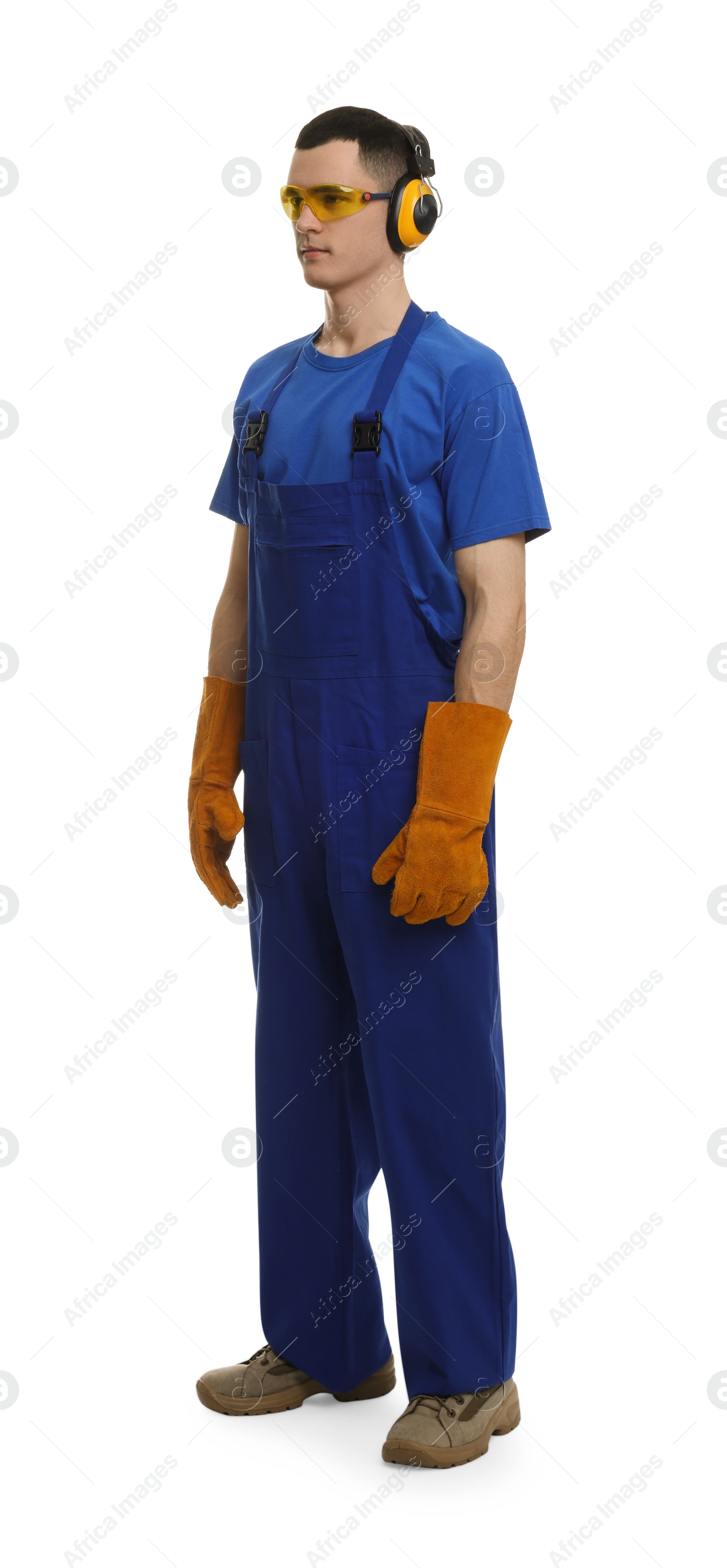 Photo of Young man wearing safety equipment on white background