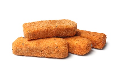 Pile of tasty cheese sticks isolated on white