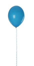 Photo of Light blue balloon with ribbon isolated on white