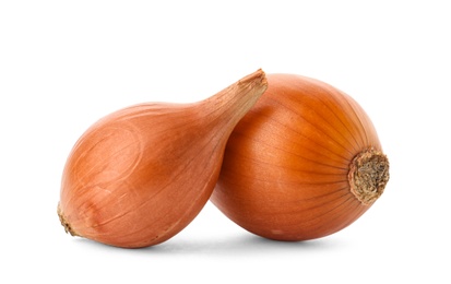 Photo of Fresh ripe onions on white background