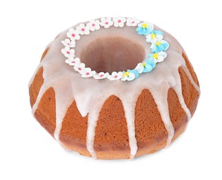 Photo of Festively decorated Easter cake on white background