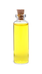 Photo of Glass bottle of yellow food coloring on white background