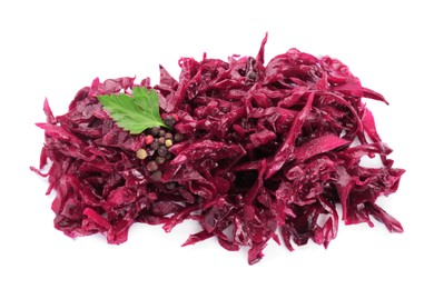 Photo of Pile of tasty red cabbage sauerkraut with spices and parsley isolated on white