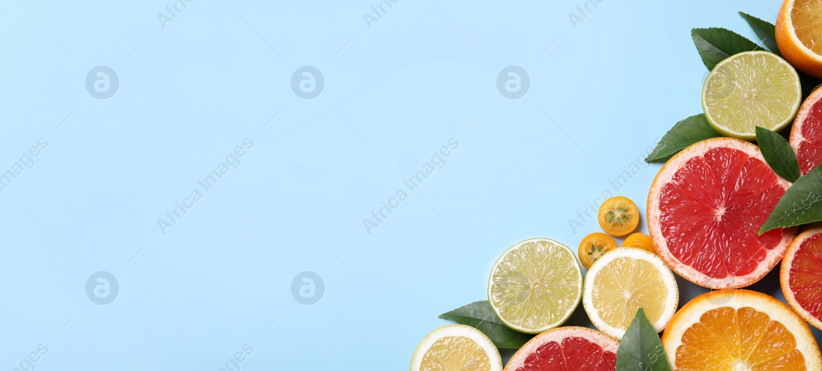 Photo of Fresh juicy citrus fruits with green leaves on light blue background, flat lay. Space for text