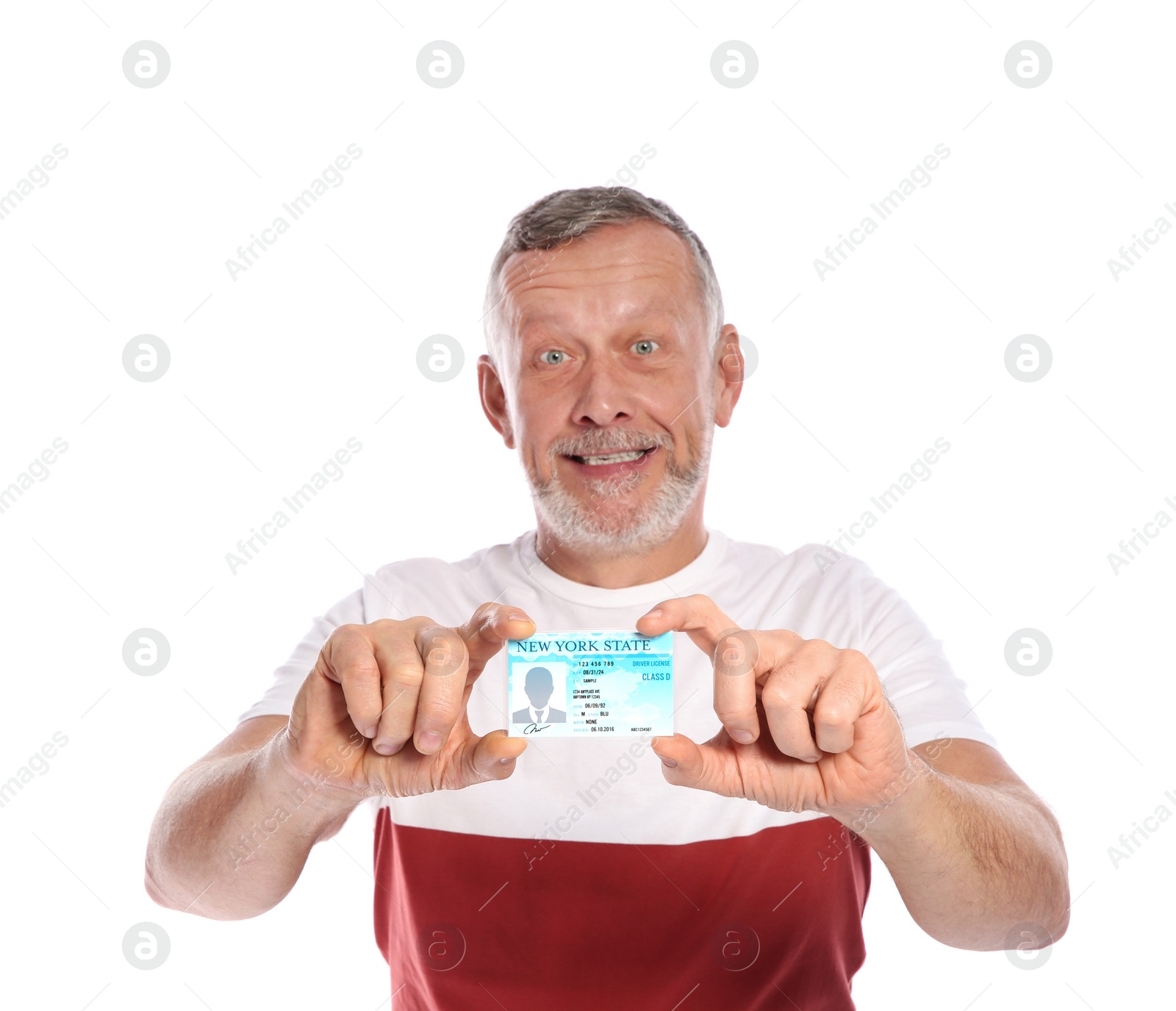 Photo of Happy mature man with driving license on white background