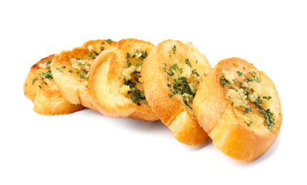 Photo of Slices of tasty garlic bread with herbs isolated on white