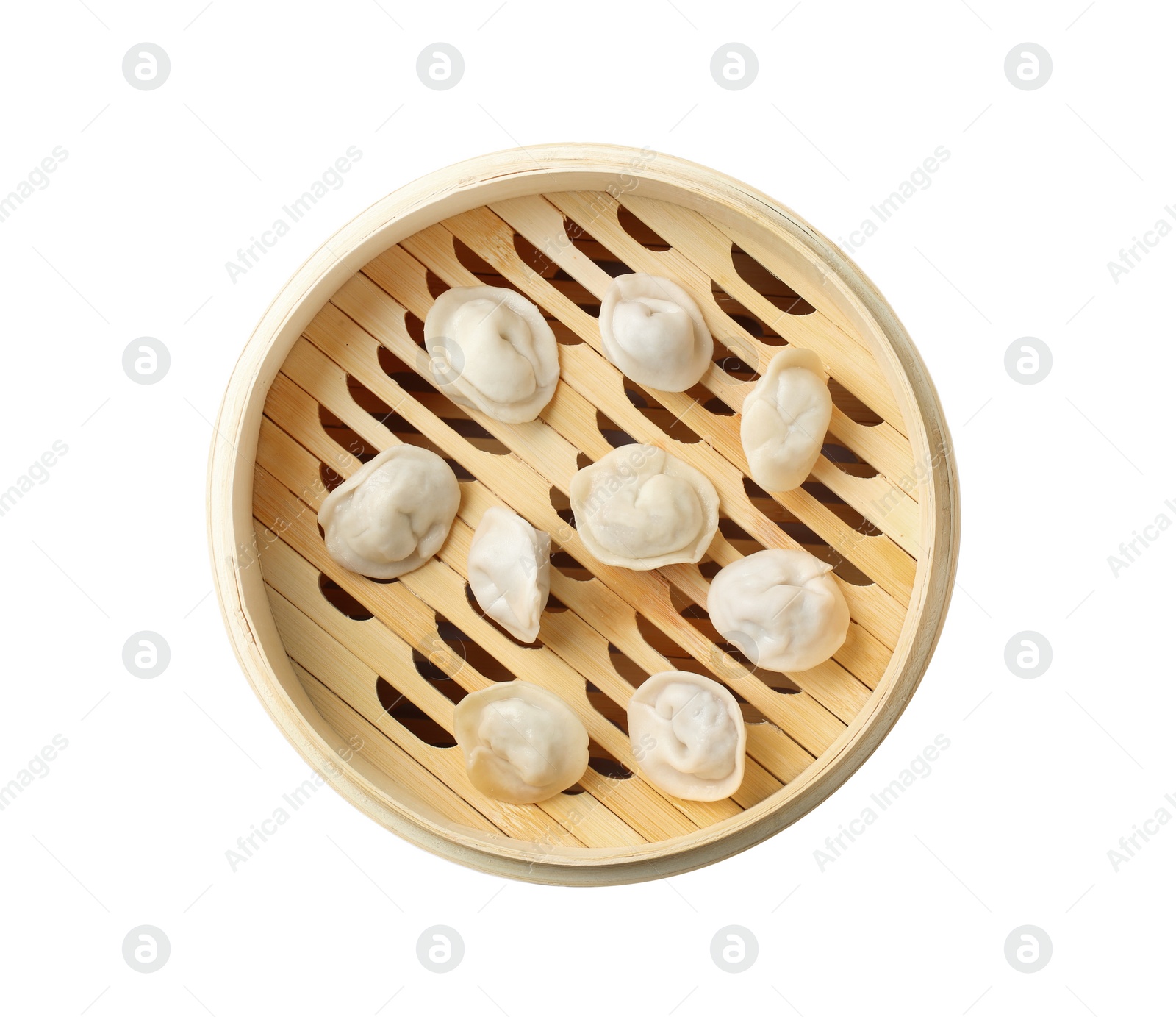 Photo of Bamboo steamer with tasty dumplings isolated on white, top view