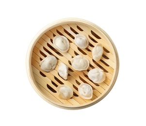 Bamboo steamer with tasty dumplings isolated on white, top view