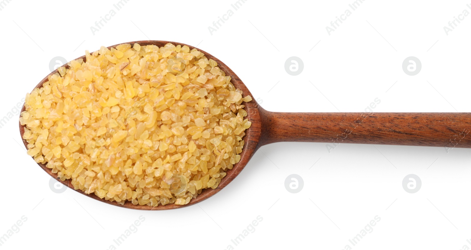 Photo of Spoon with raw bulgur isolated on white, top view