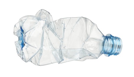 Crumpled disposable plastic bottle isolated on white