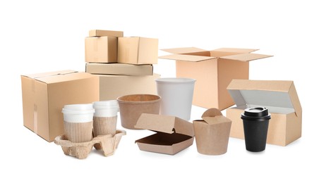 Image of Set with cardboard boxes, takeaway paper cups and containers for food on white background