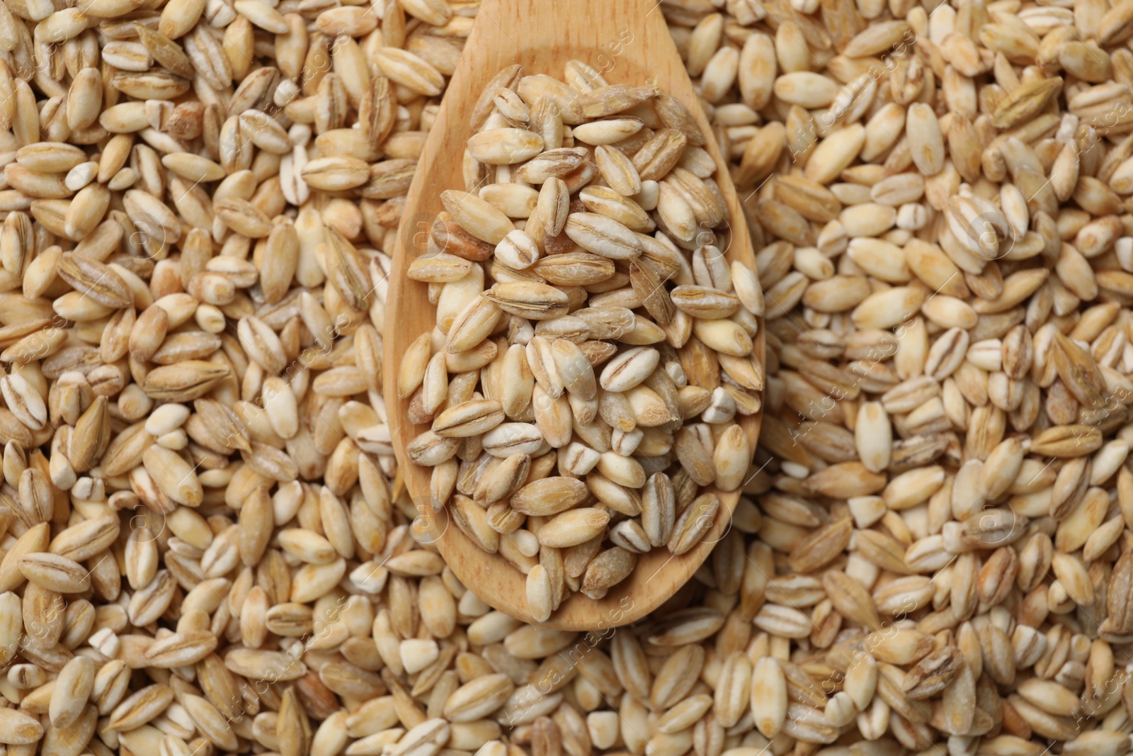 Photo of Wooden spoon with raw pearl barley, top view