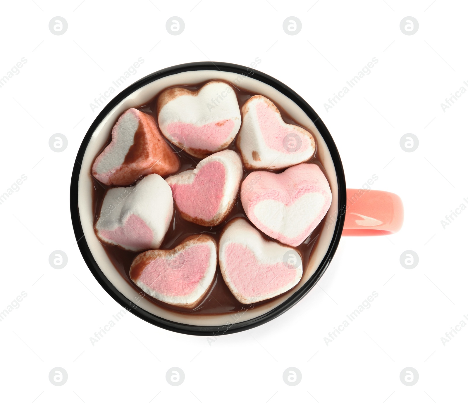 Photo of Cup of delicious hot chocolate with marshmallows isolated on white, top view