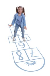 Image of Cute little girl playing hopscotch on white background