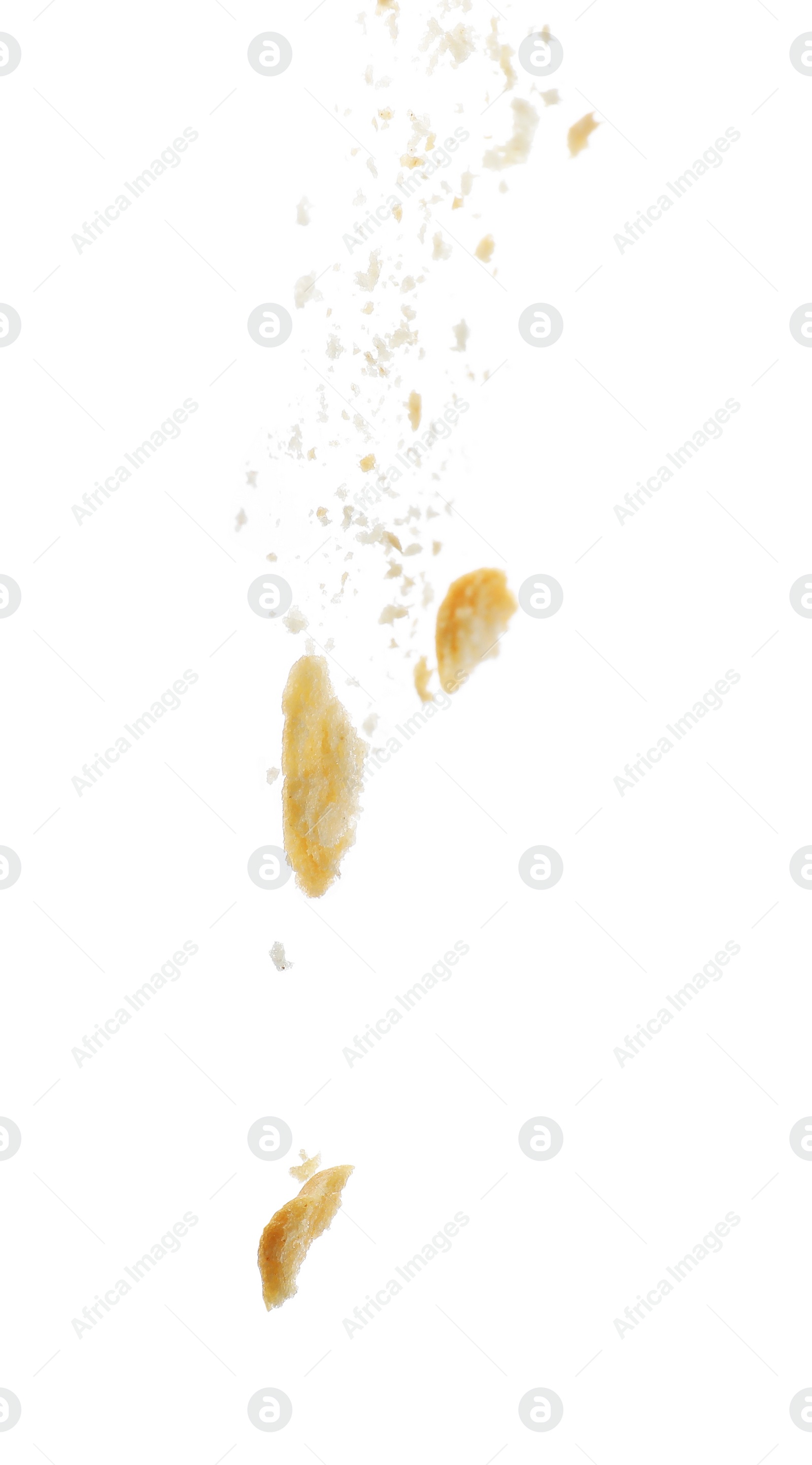 Photo of Pieces of crumbled cracker isolated on white