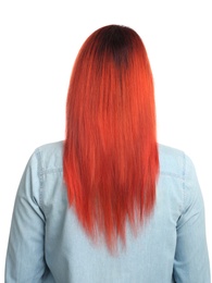 Photo of Woman with bright dyed hair on white background, back view