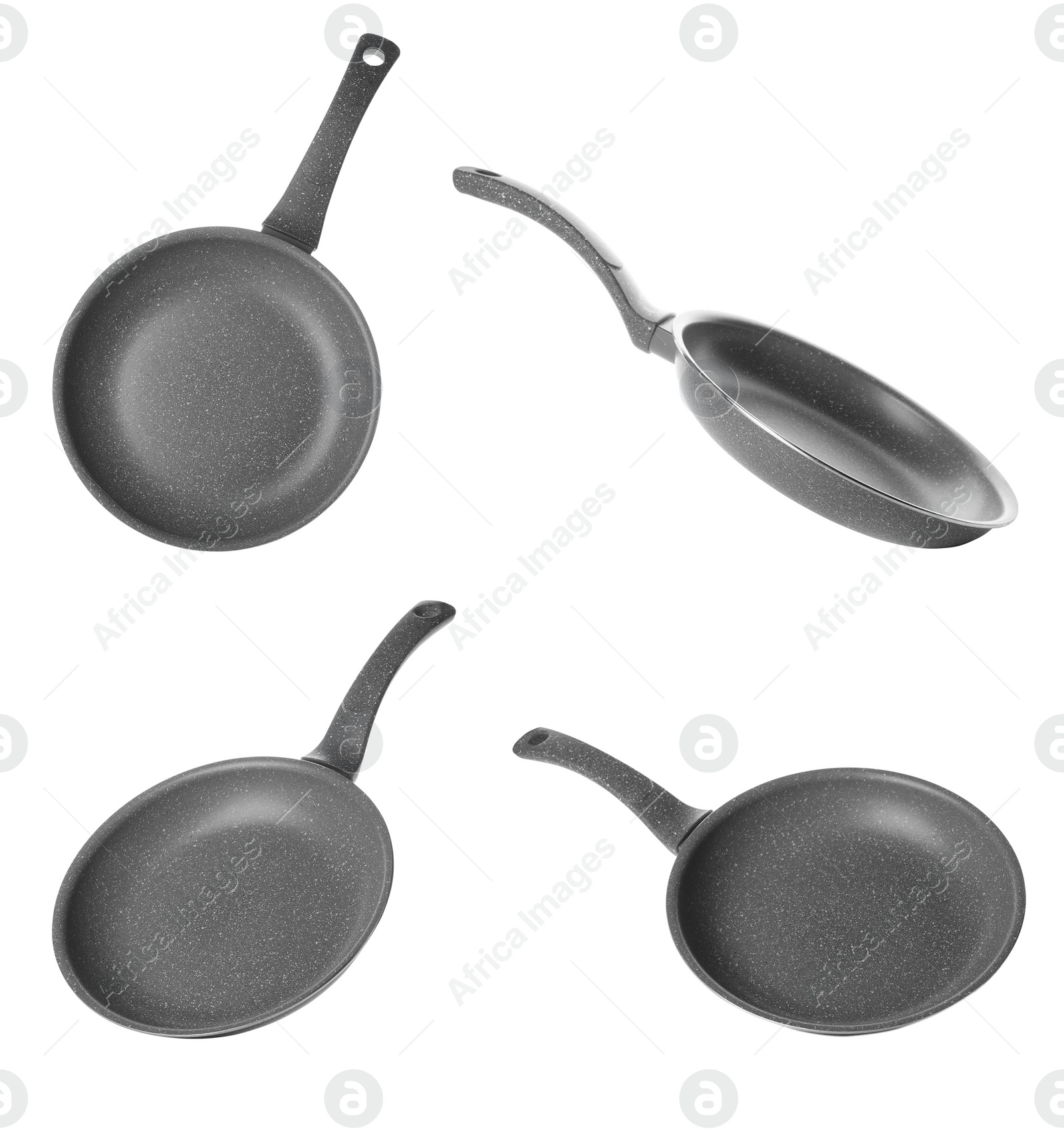 Image of Set with new frying pans on white background