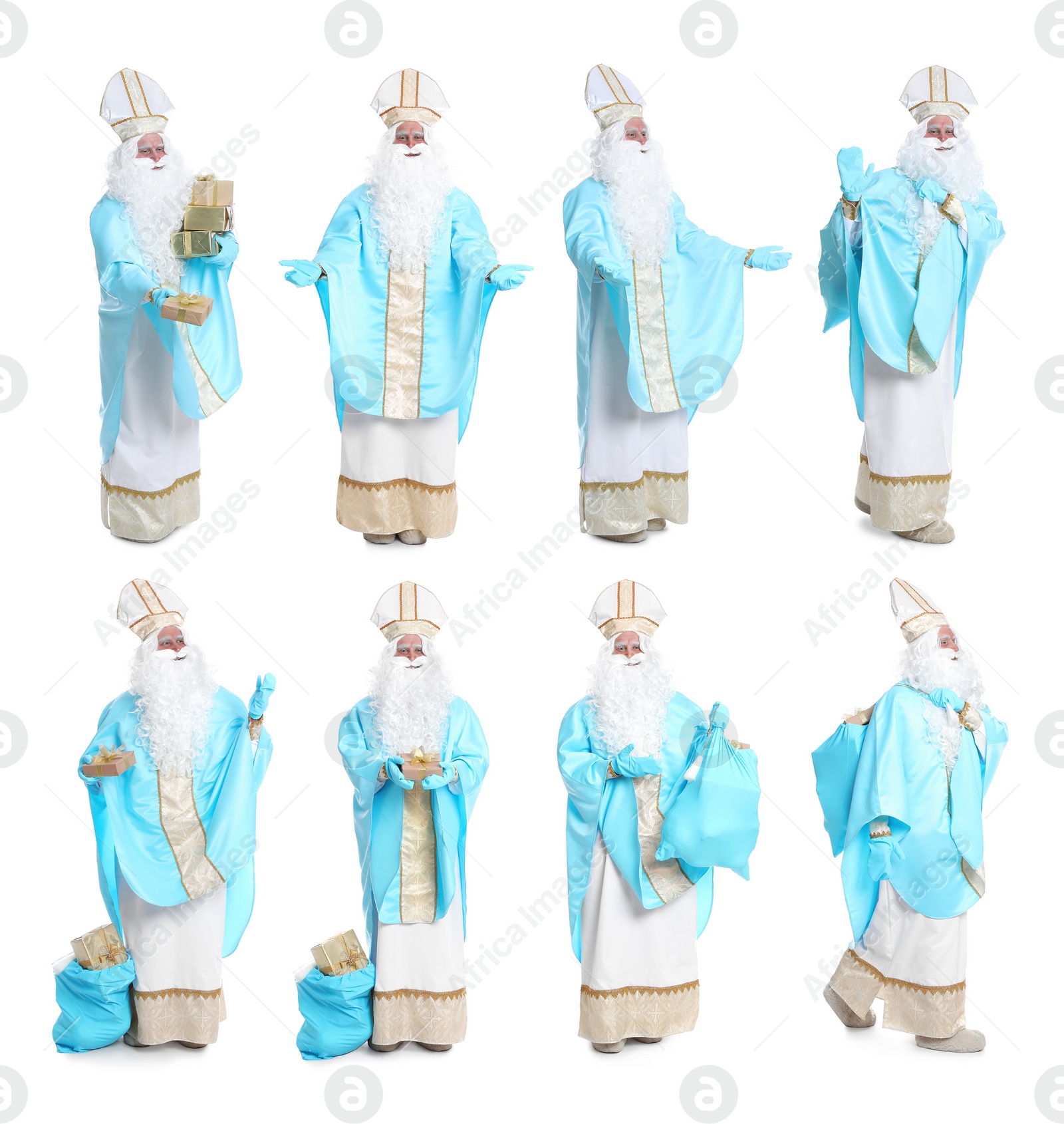 Image of Collage with photos of Saint Nicholas on white background 