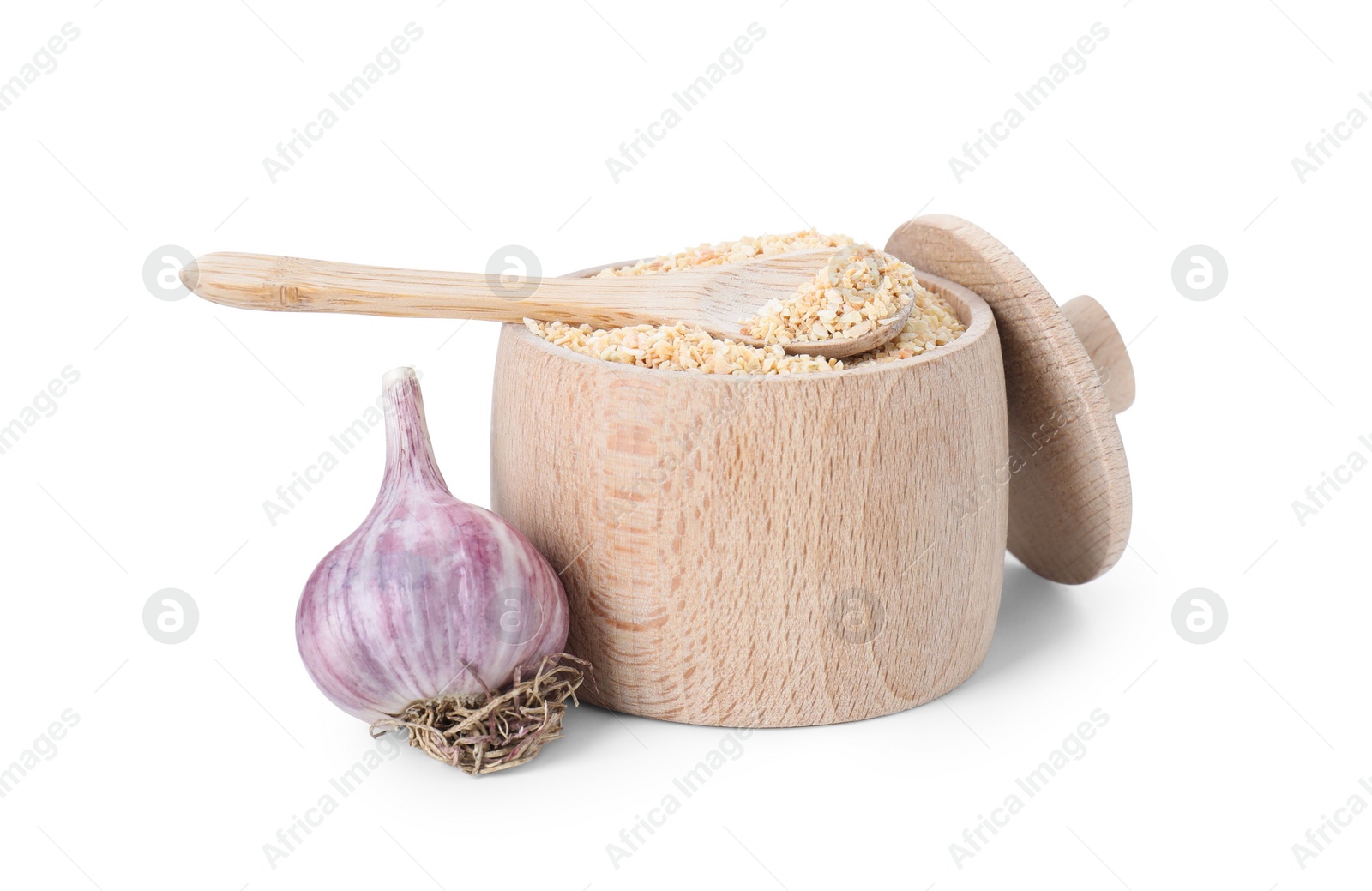 Photo of Dehydrated garlic granules and fresh bulb isolated on white