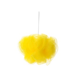 Photo of New yellow shower puff isolated on white