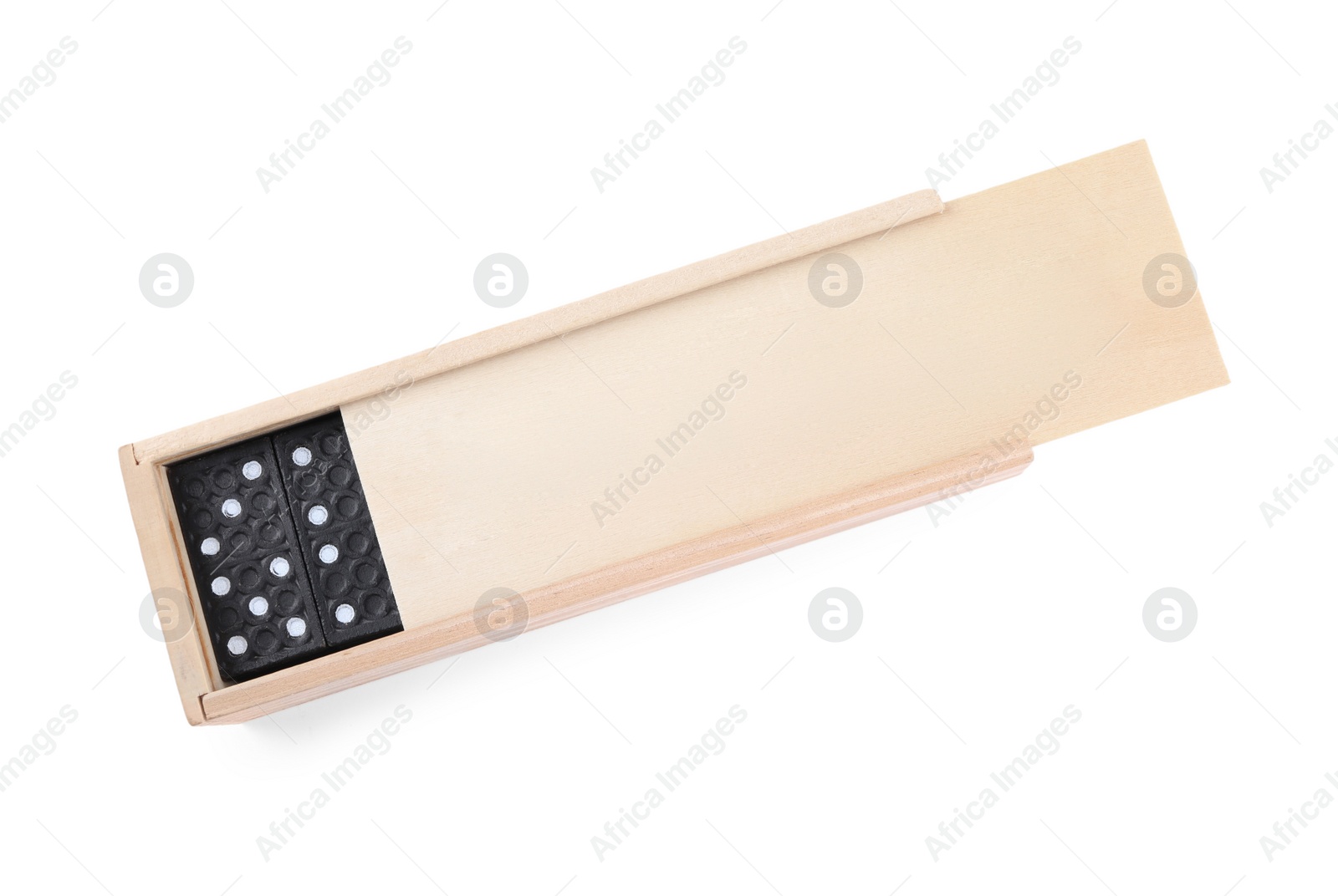 Photo of Wooden box with black domino tiles on white background, top view