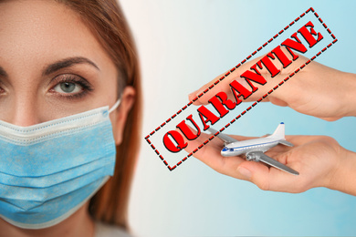 Image of Stop travelling during coronavirus quarantine. Woman with medical mask 