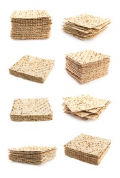 Image of Set with Passover matzos on white background. Pesach celebration